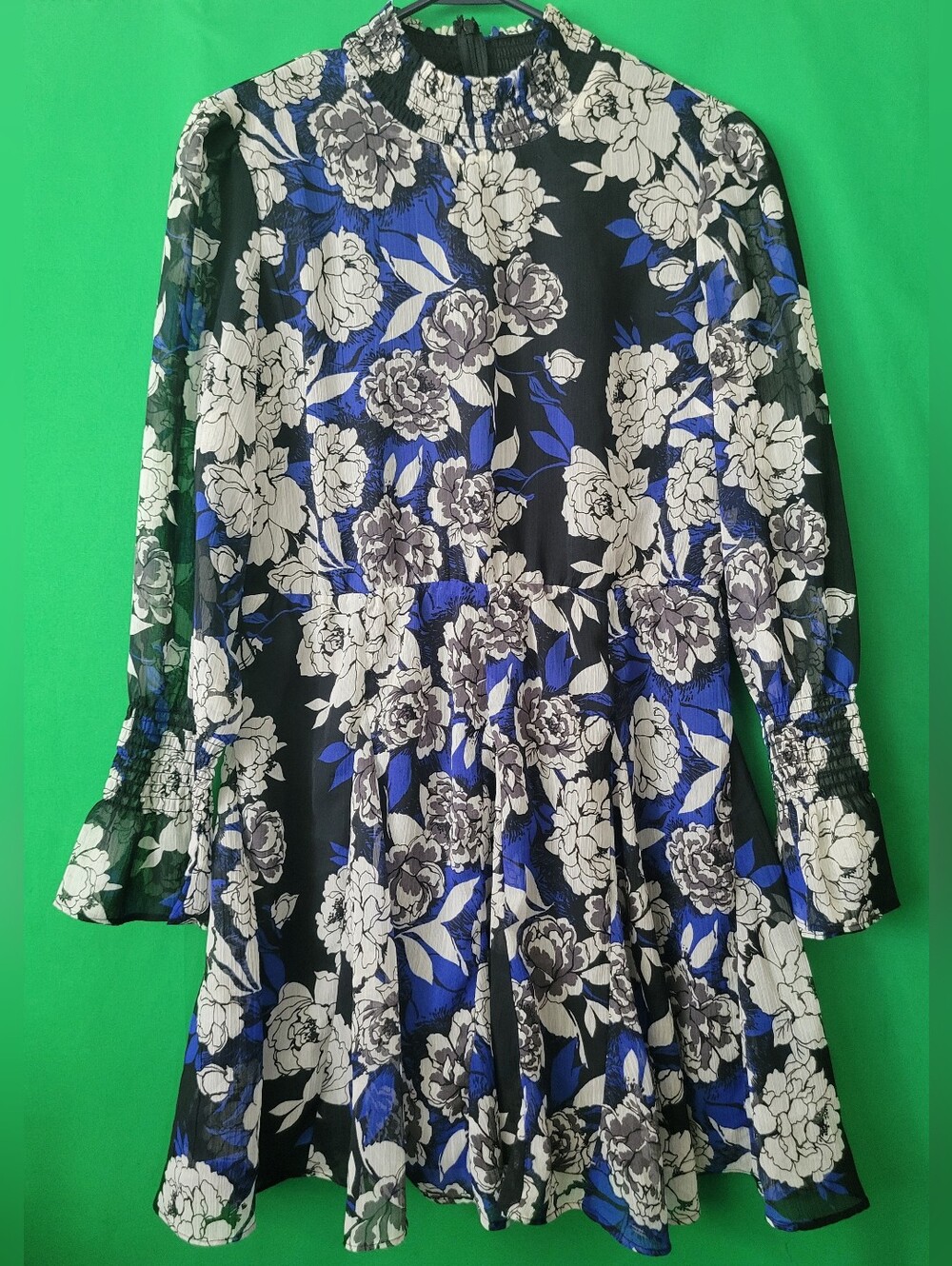Nwt Floral Smocked Chiffon Ruffled Long Puff Sleeve Midi Dress Bloom Cato Sz L